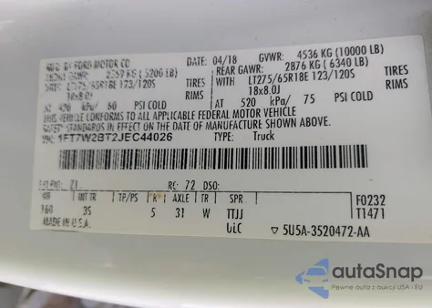 2018 Ford F-250 Xlt z USA, uszkodzony, nr VIN 1FT7W2BT2JEC44026